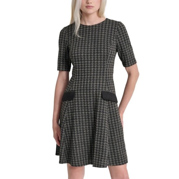 DKNY Jewel-Neck Short-Sleeve Fit & Flare Dress - Black/Charcoal NWOT Size 16 - Picture 2 of 5